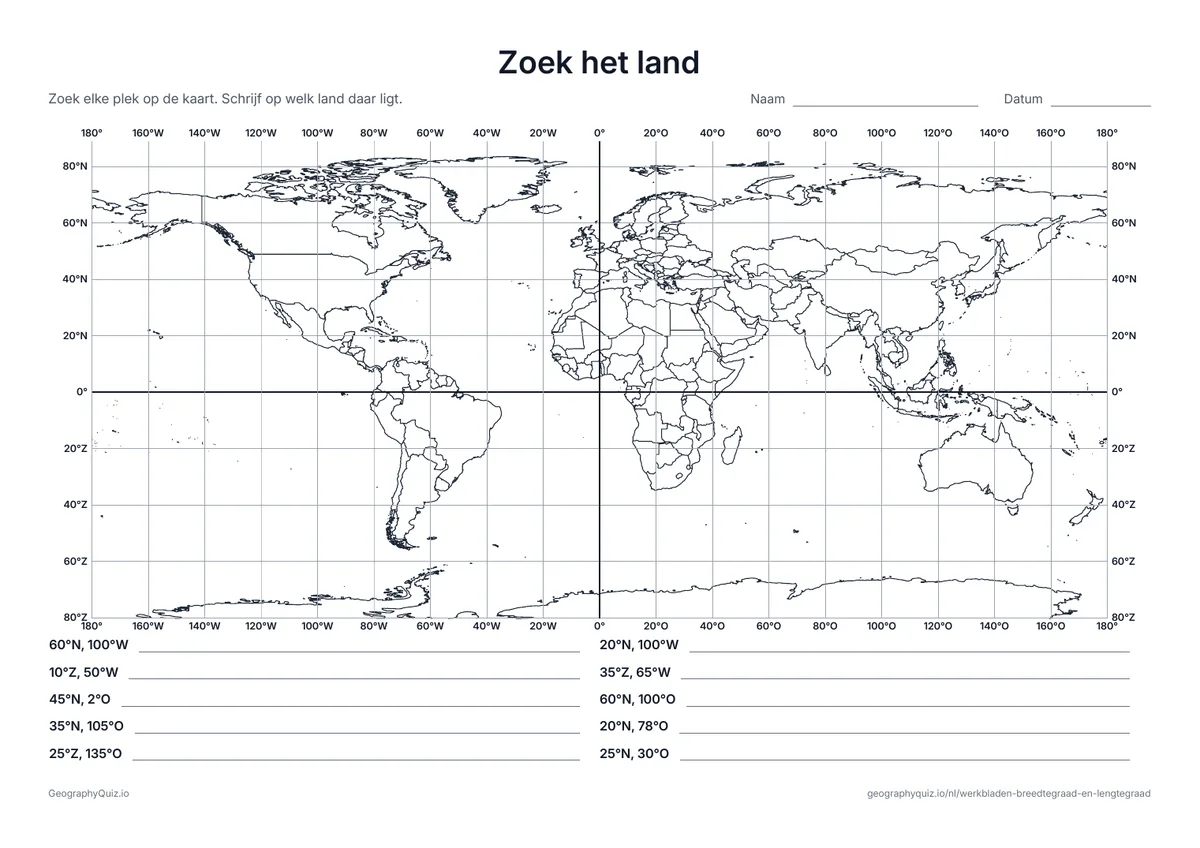 Voorbeeld van het werkblad “Zoek het land”: Tien paar coördinaten op een wereldkaart met landsgrenzen