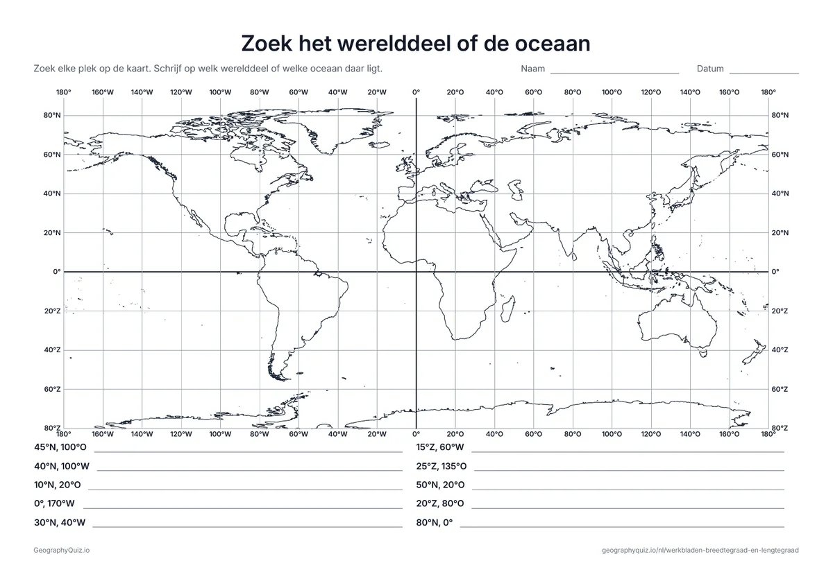 Voorbeeld van het werkblad “Zoek het werelddeel of de oceaan”: Tien paar coördinaten in een gradennet van 20°