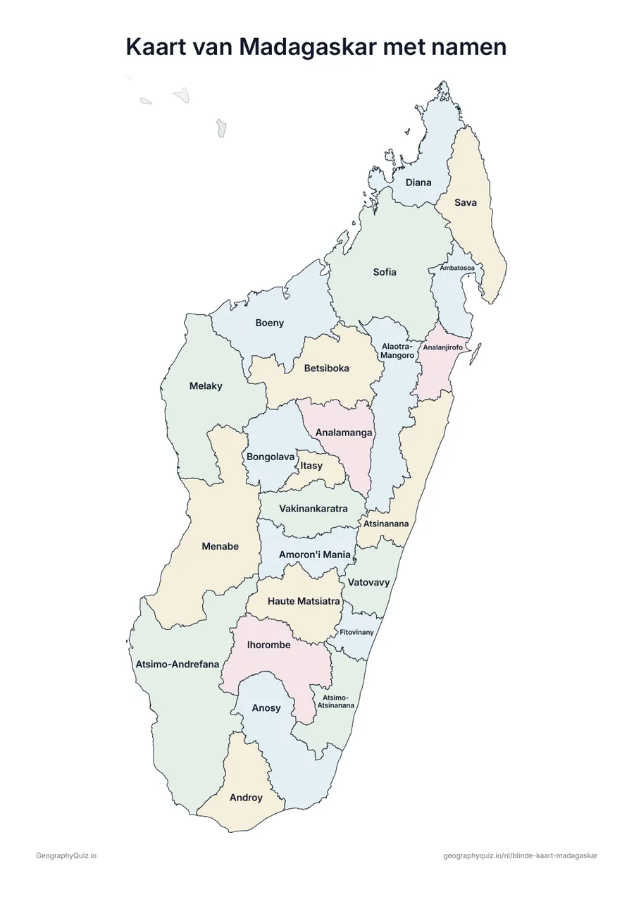 Voorbeeld van het werkblad “Kaart van Madagaskar met namen”: Kaart van Madagaskar met alle namen: een voorbeeldkaart voor de les en om de antwoorden na te kijken