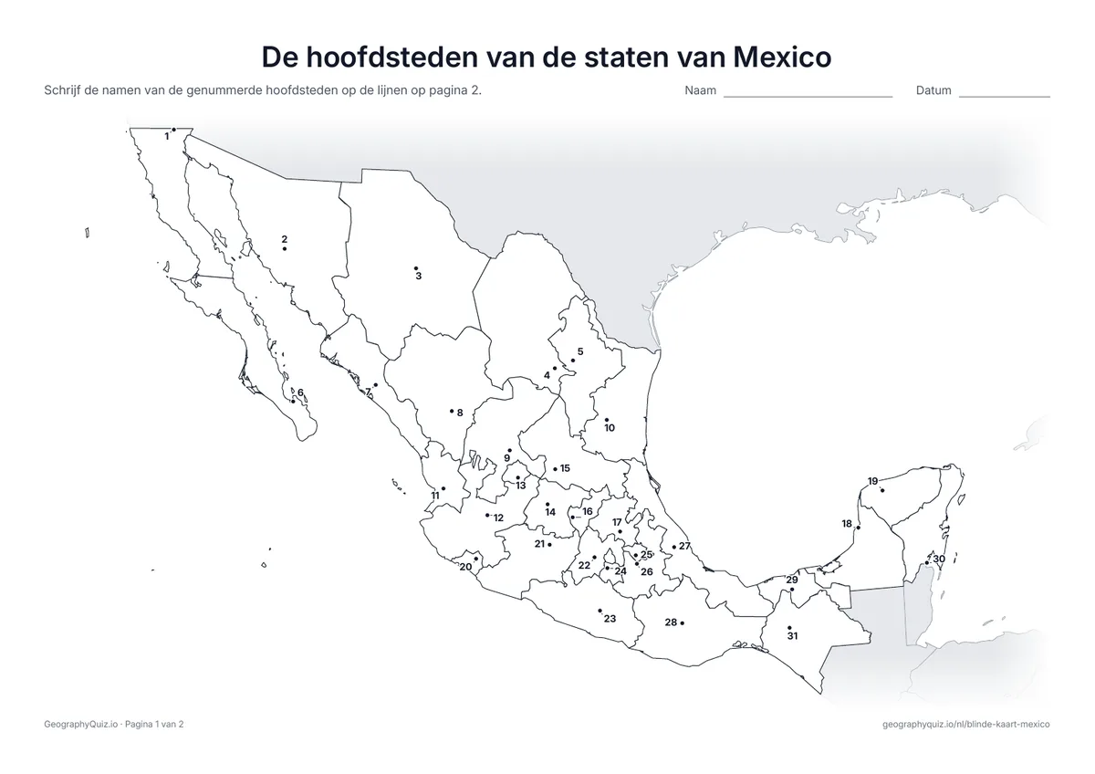 Voorbeeld van het werkblad “De hoofdsteden van de staten van Mexico”: De hoofdstad van elk van de 31 staten is een genummerde stip