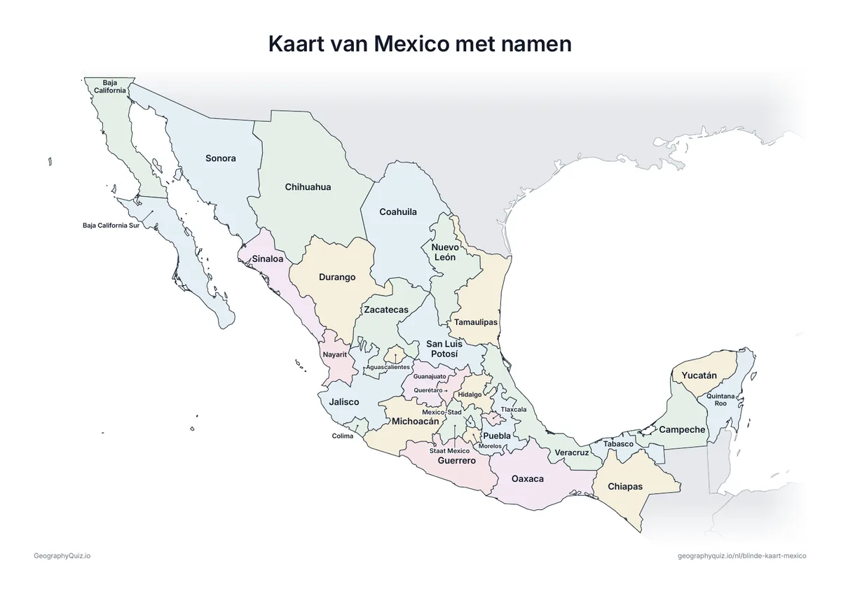 Voorbeeld van het werkblad “Kaart van Mexico met namen”: Kaart van Mexico met alle namen: een voorbeeldkaart voor de les en om de antwoorden na te kijken