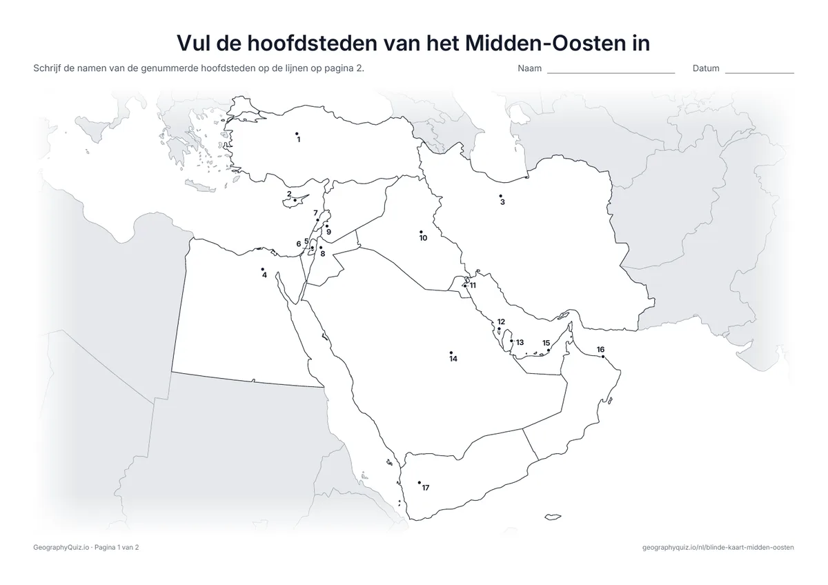 Voorbeeld van het werkblad “Vul de hoofdsteden van het Midden-Oosten in”: Elke hoofdstad is een genummerde stip
