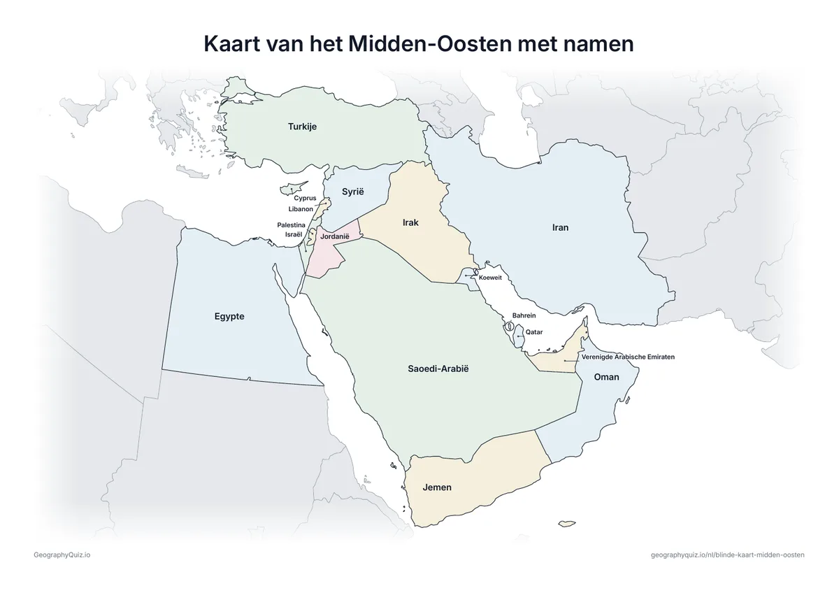 Voorbeeld van het werkblad “Kaart van het Midden-Oosten met namen”: Dezelfde kaart met de namen van alle 17 landen: om te leren, te herhalen of de werkbladen van je leerlingen na te kijken