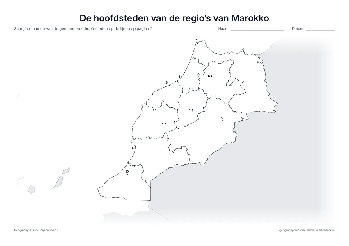 Voorbeeld van het werkblad “De hoofdsteden van de regio’s van Marokko”: Elke hoofdstad is een genummerde stip