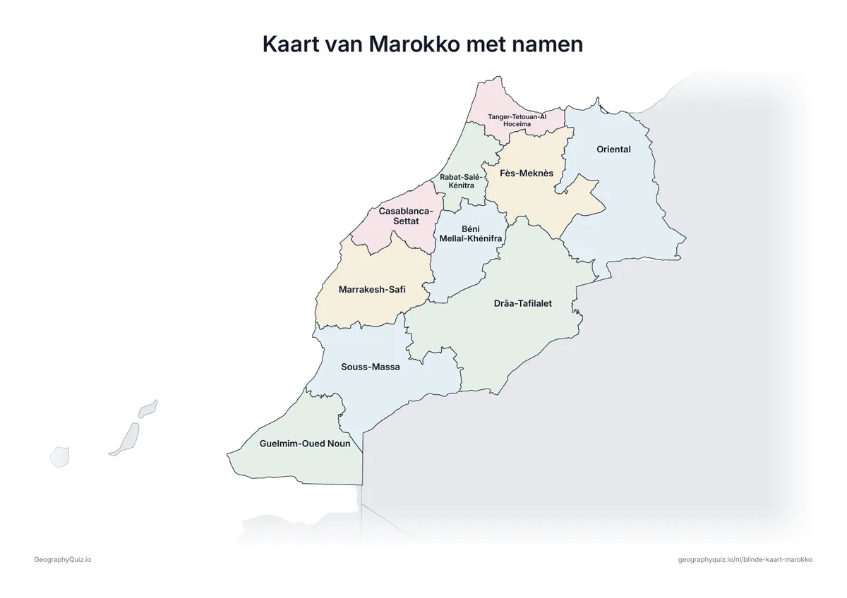 Voorbeeld van het werkblad “Kaart van Marokko met namen”: Kaart van Marokko met alle namen: een voorbeeldkaart voor de les en om de antwoorden na te kijken
