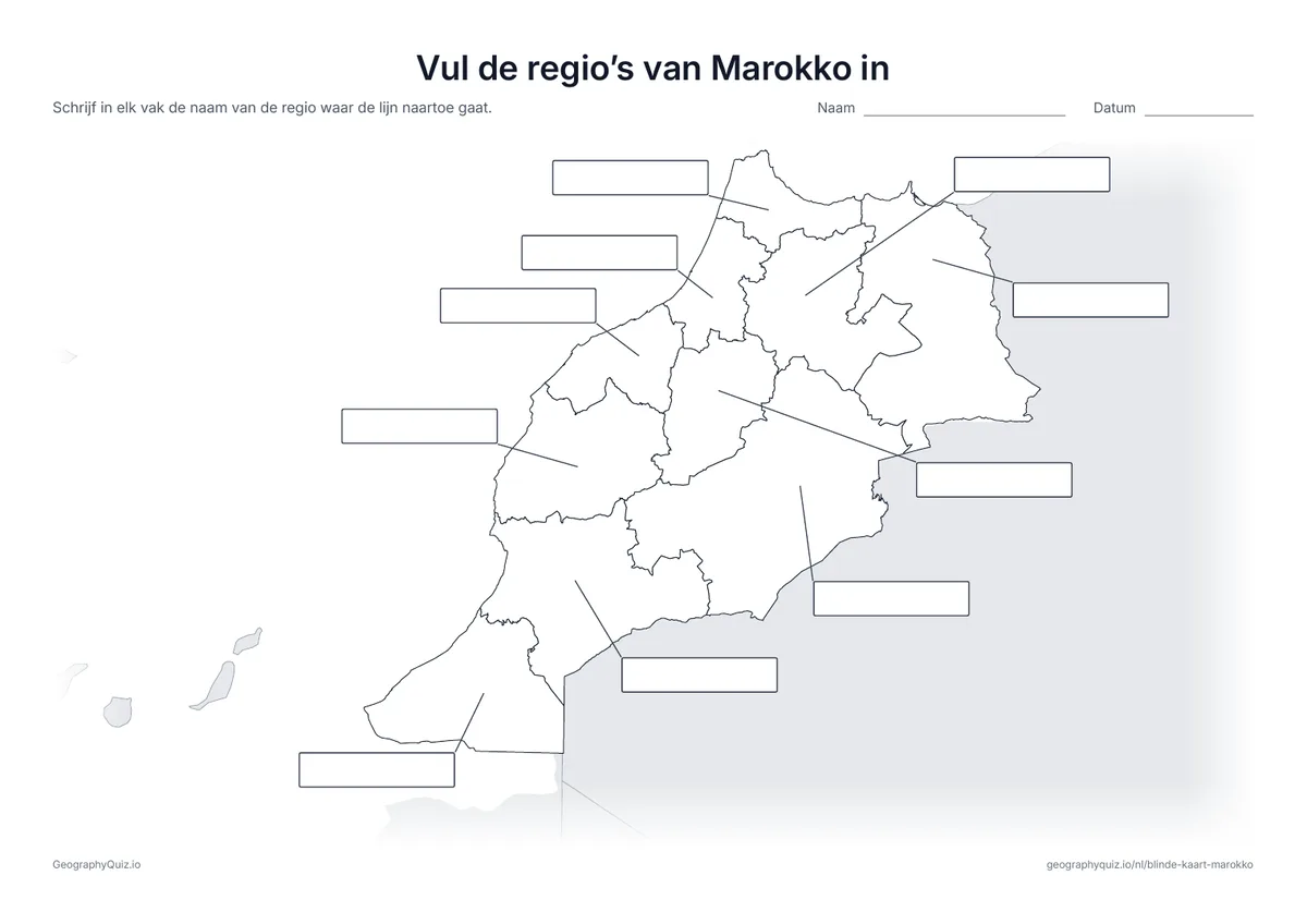 Voorbeeld van het werkblad “Vul de regio’s van Marokko in”: Vanaf elke regio loopt een lijn naar een leeg vak voor het antwoord, net als op het werkblad “Vul de werelddelen in” bij de wereldkaart