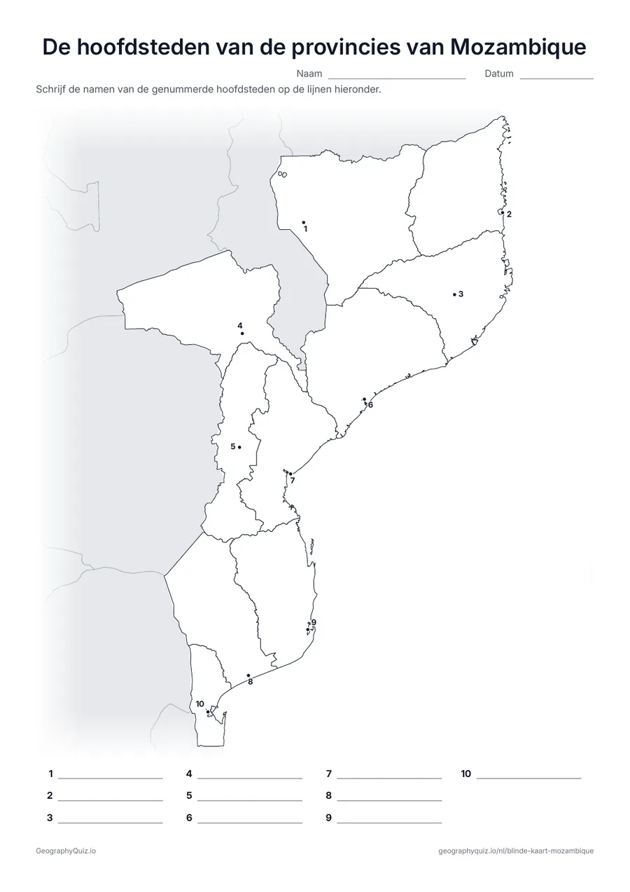 Voorbeeld van het werkblad “De hoofdsteden van de provincies van Mozambique”: De hoofdstad van elk van de 10 provincies is een genummerde stip, van Pemba tot Matola