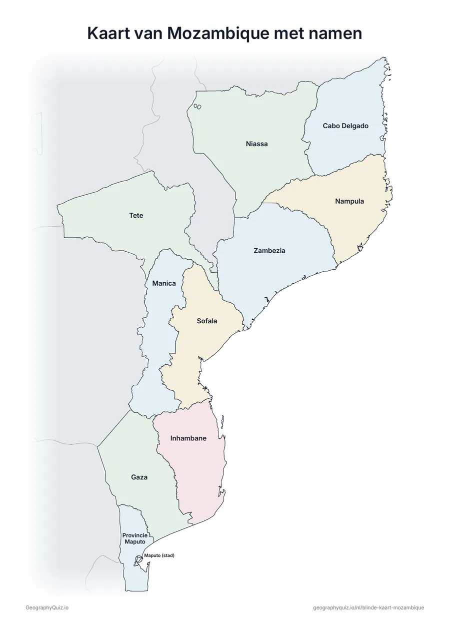 Voorbeeld van het werkblad “Kaart van Mozambique met namen”: Kaart van Mozambique met alle namen: een voorbeeldkaart voor de les en om de antwoorden na te kijken