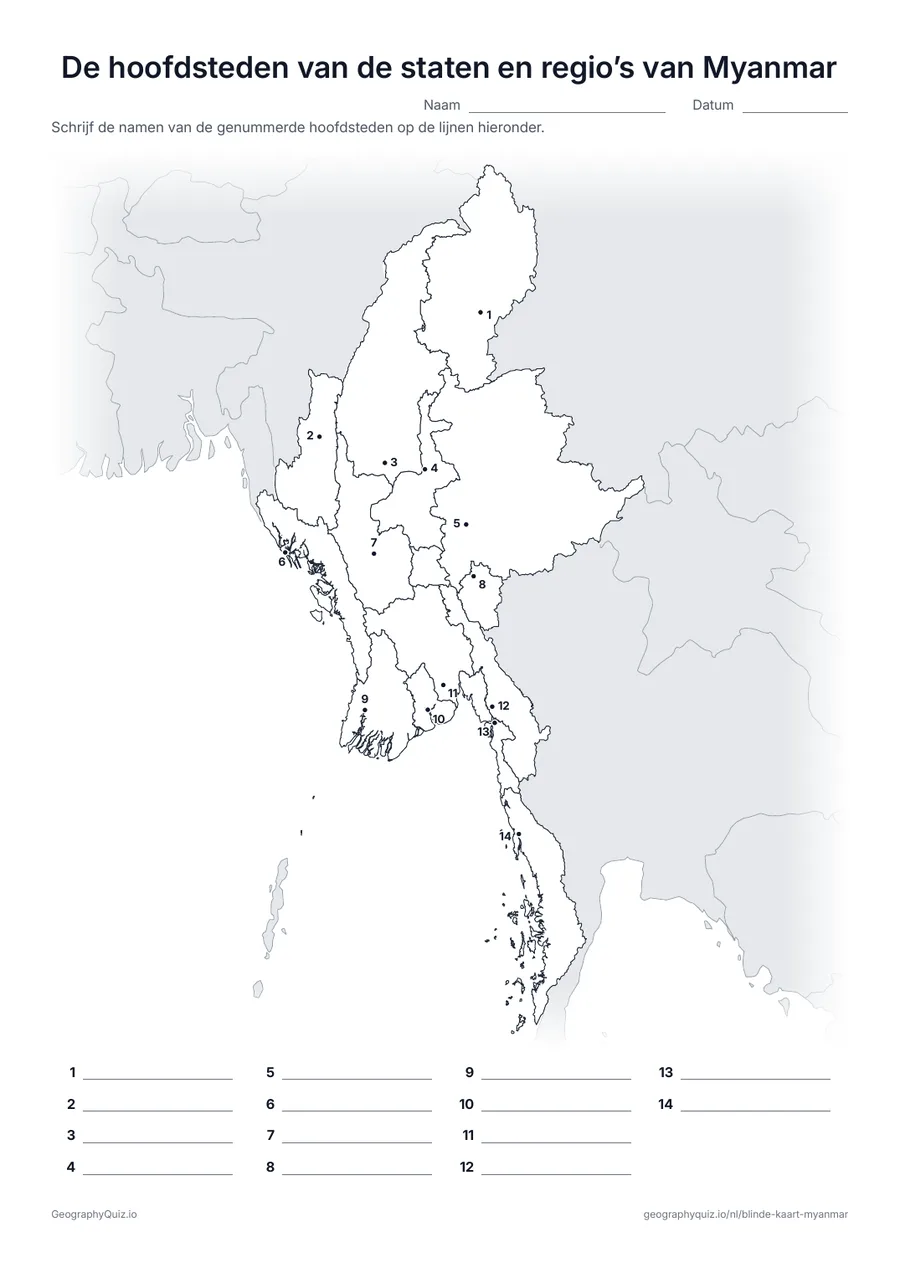 Voorbeeld van het werkblad “De hoofdsteden van de staten en regio’s van Myanmar”: De hoofdstad van elke staat en regio is een genummerde stip, van Myitkyina tot Dawei