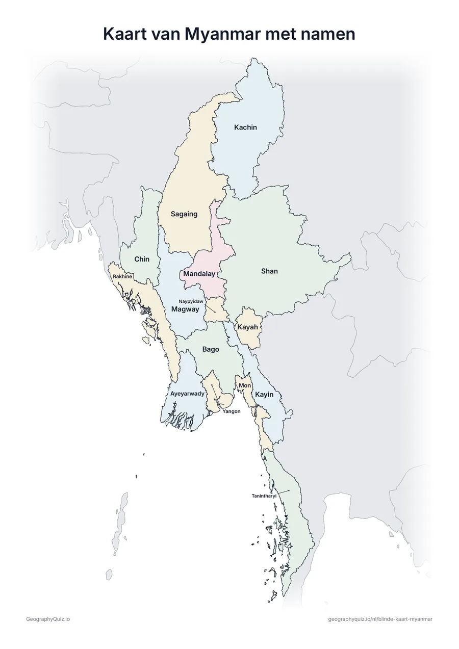 Voorbeeld van het werkblad “Kaart van Myanmar met namen”: Kaart van Myanmar met alle namen: een voorbeeldkaart voor de les en om de antwoorden na te kijken