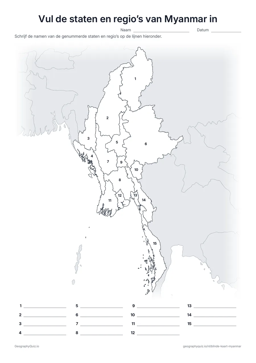 Voorbeeld van het werkblad “Vul de staten en regio’s van Myanmar in”: Kaart met de nummers van de 7 staten, de 7 regio’s en het unieterritorium Naypyidaw