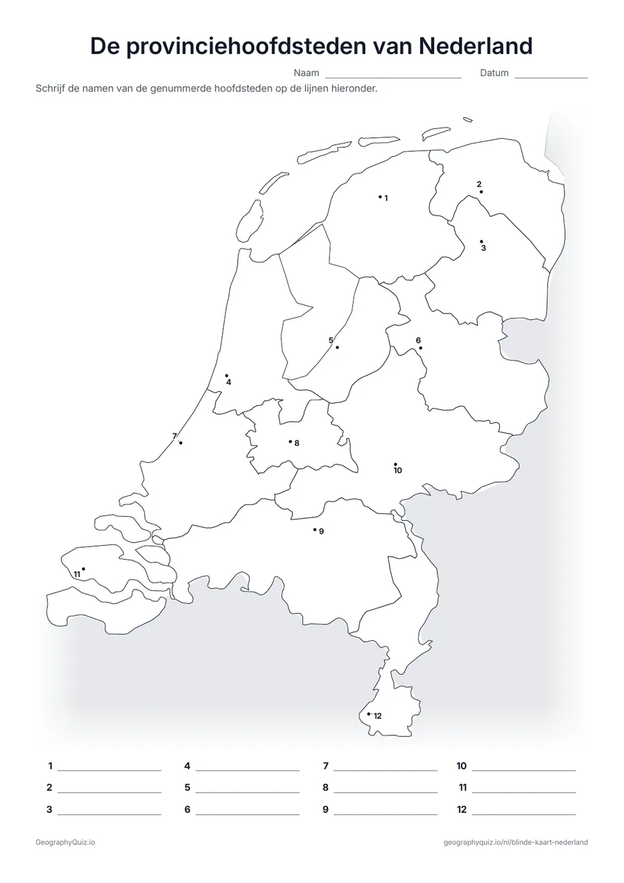 Voorbeeld van het werkblad “De provinciehoofdsteden van Nederland”: De hoofdstad van elke provincie is een genummerde stip, van Groningen tot Maastricht