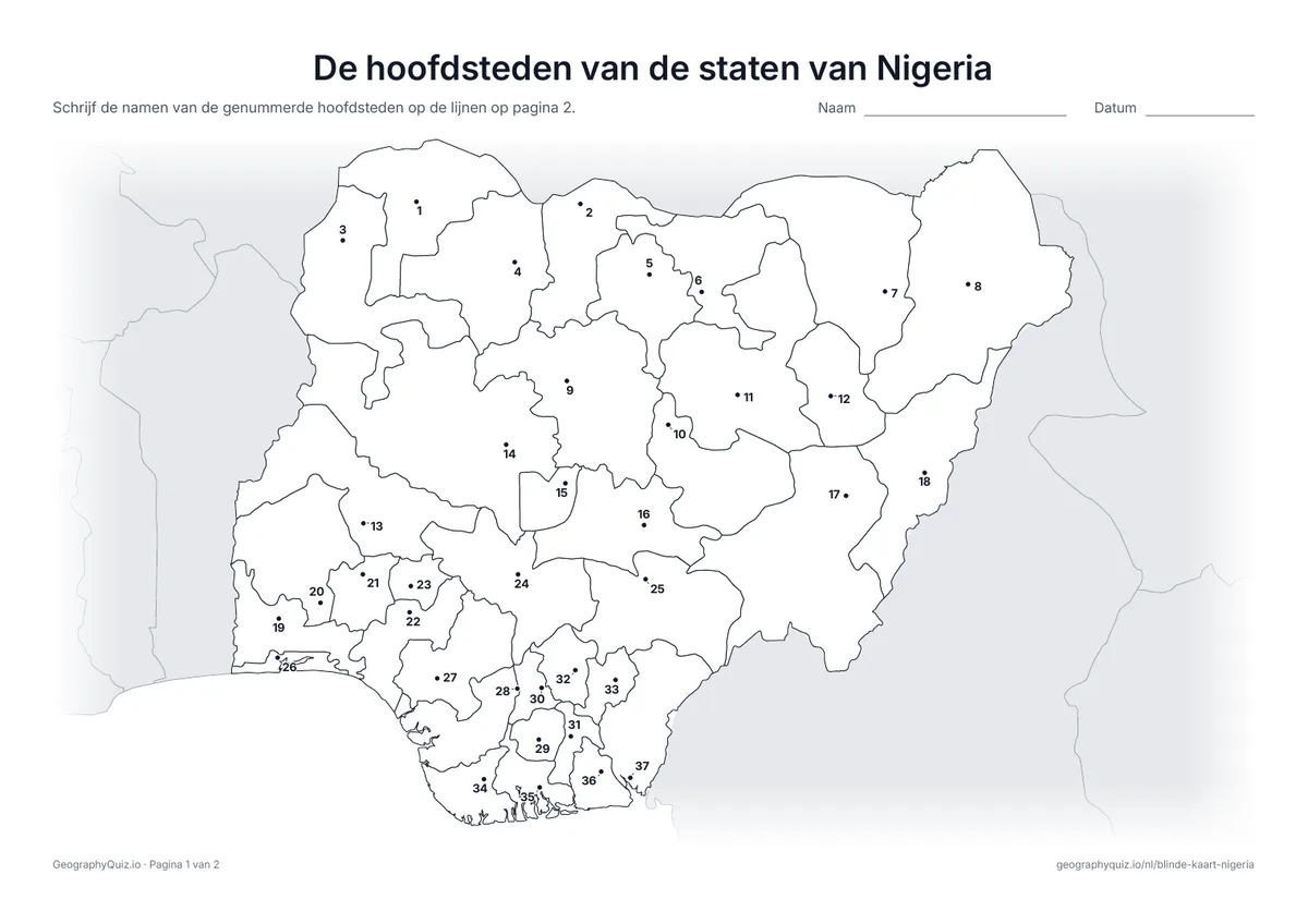 Voorbeeld van het werkblad “De hoofdsteden van de staten van Nigeria”: Elke hoofdstad is een genummerde stip