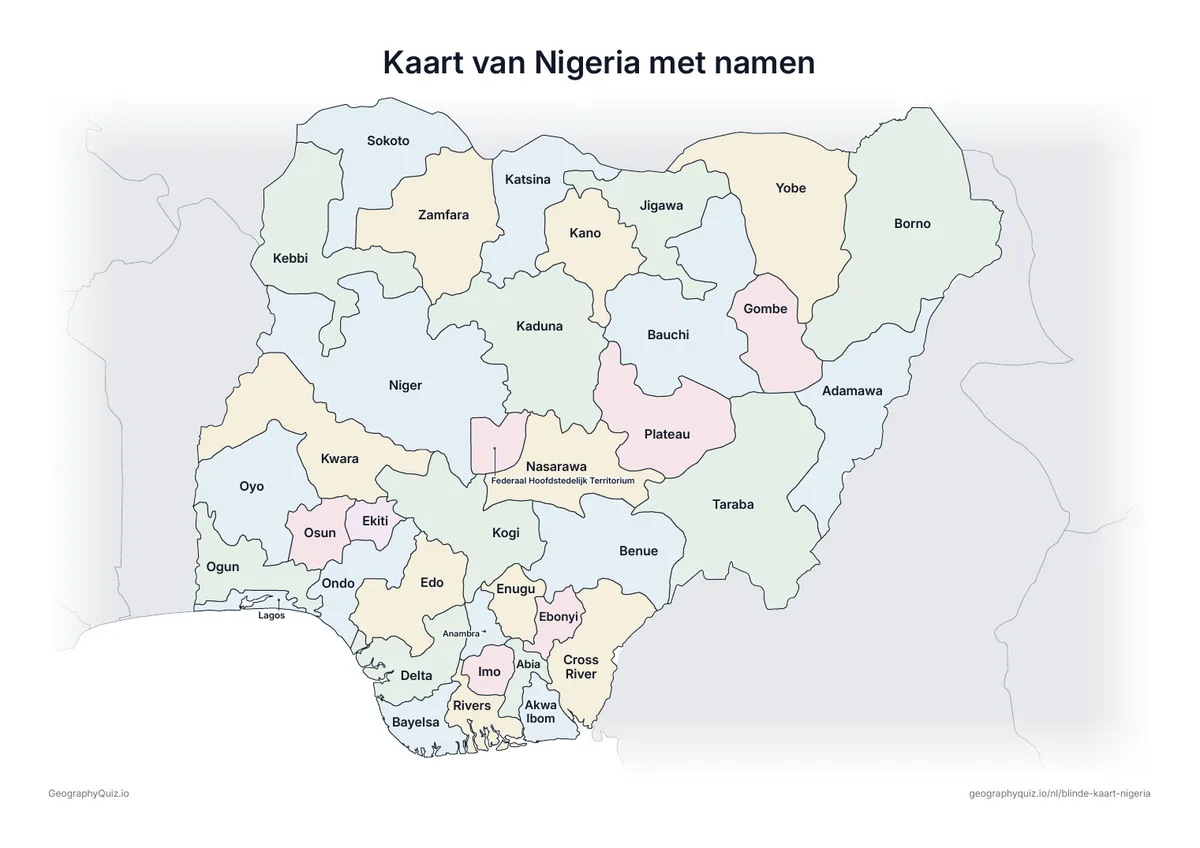 Voorbeeld van het werkblad “Kaart van Nigeria met namen”: Kaart van Nigeria met alle namen: een voorbeeldkaart voor de les en om de antwoorden na te kijken