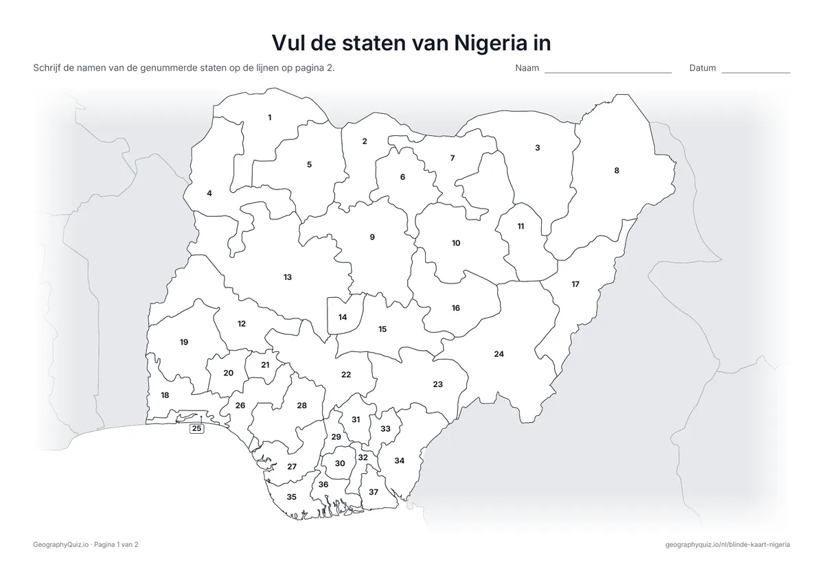 Voorbeeld van het werkblad “Vul de staten van Nigeria in”: Kaart met de nummers van de 36 staten en het Federale Hoofdstedelijke Territorium