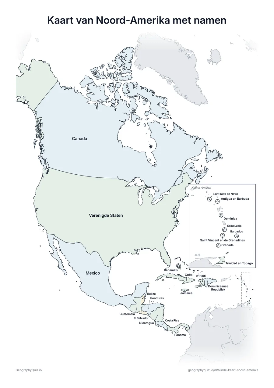 Voorbeeld van het werkblad “Kaart van Noord-Amerika met namen”: Dezelfde kaart met de namen van alle 23 landen: om uit te leggen, te herhalen of de werkbladen van je leerlingen na te kijken
