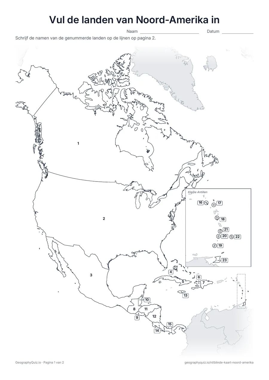 Voorbeeld van het werkblad “Vul de landen van Noord-Amerika in”: Elk land heeft een nummer