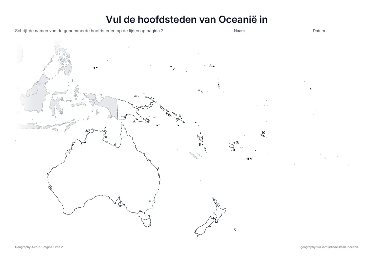 Voorbeeld van het werkblad “Vul de hoofdsteden van Oceanië in”: Elke hoofdstad is een genummerde stip