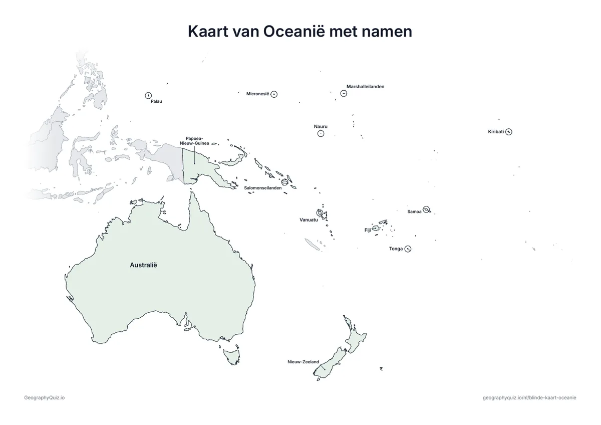 Voorbeeld van het werkblad “Kaart van Oceanië met namen”: Dezelfde kaart met de namen van alle 14 landen: om uit te leggen, te herhalen of de werkbladen van je leerlingen na te kijken