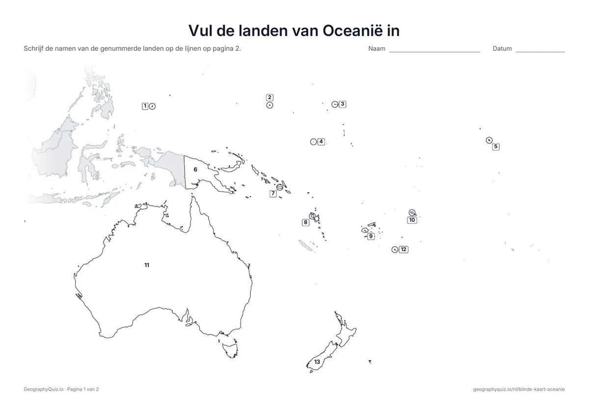 Voorbeeld van het werkblad “Vul de landen van Oceanië in”: Elk land heeft een nummer