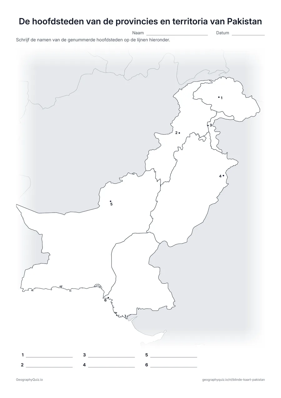 Voorbeeld van het werkblad “De hoofdsteden van de provincies en territoria van Pakistan”: De hoofdstad van elke provincie, van Gilgit-Baltistan en van Azad Kasjmir is een genummerde stip
