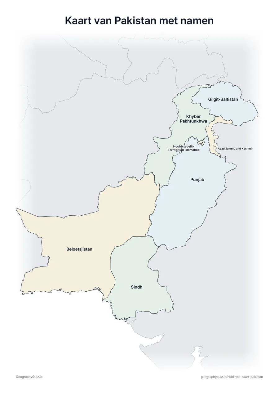 Voorbeeld van het werkblad “Kaart van Pakistan met namen”: Kaart van Pakistan met alle namen: een voorbeeldkaart voor de les en om de antwoorden na te kijken