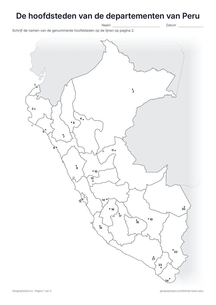 Voorbeeld van het werkblad “De hoofdsteden van de departementen van Peru”: De hoofdstad van elk van de 24 departementen is een genummerde stip
