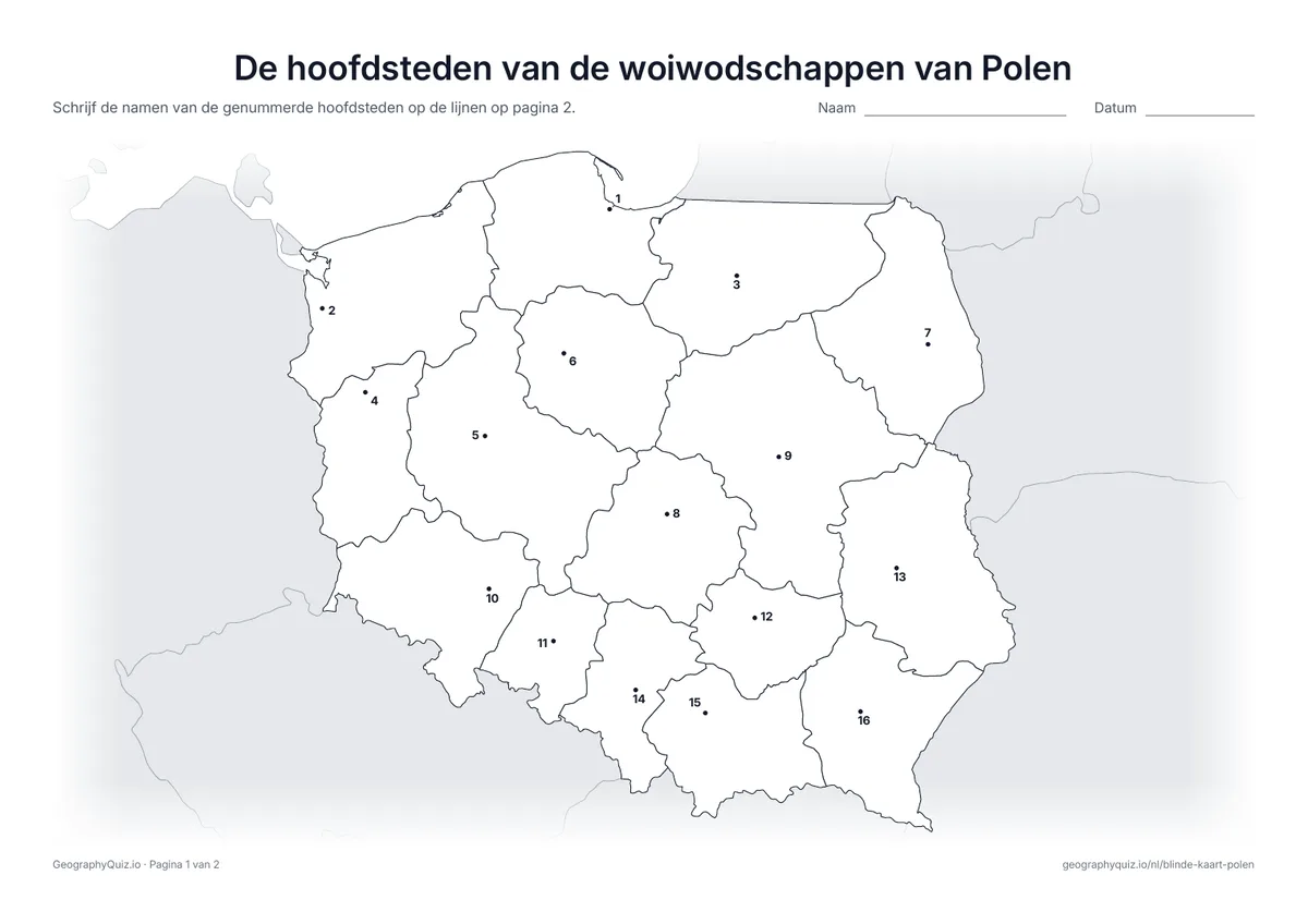 Voorbeeld van het werkblad “De hoofdsteden van de woiwodschappen van Polen”: De hoofdstad van elk woiwodschap is een genummerde stip