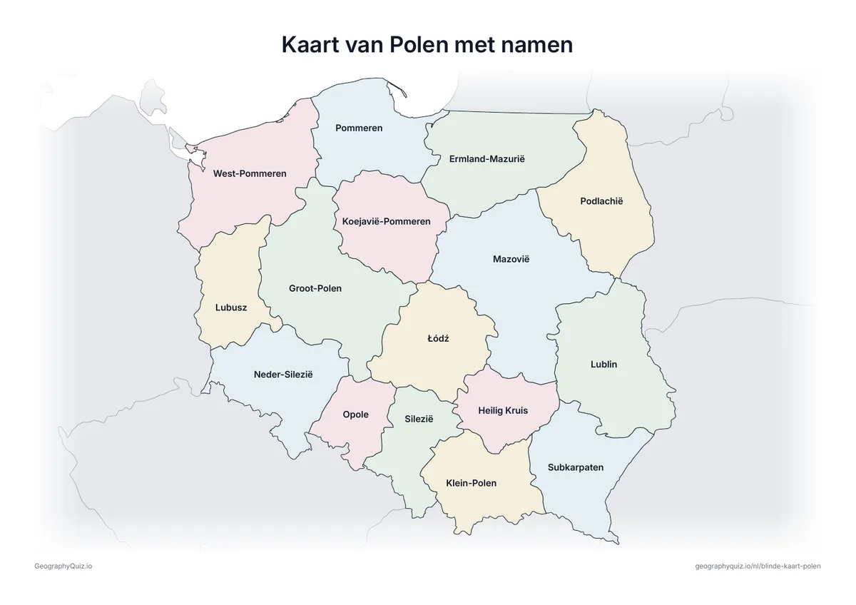 Voorbeeld van het werkblad “Kaart van Polen met namen”: Kaart van Polen met alle namen: een voorbeeldkaart voor de les en om de antwoorden na te kijken