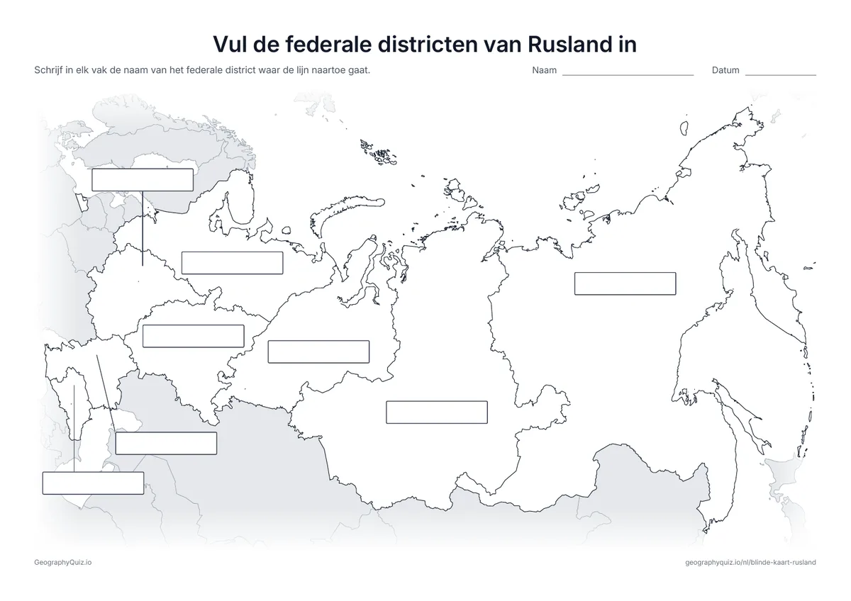 Voorbeeld van het werkblad “Vul de federale districten van Rusland in”: Vanaf elk federale district loopt een lijn naar een leeg vak voor het antwoord, net als op het werkblad “Vul de werelddelen in” bij de wereldkaart