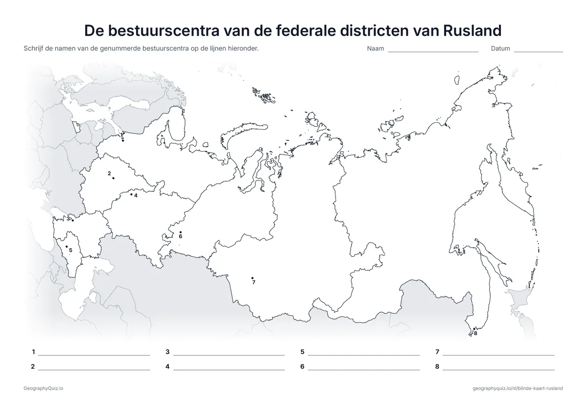 Voorbeeld van het werkblad “De bestuurscentra van de federale districten van Rusland”: Het bestuurscentrum van elk federaal district is een genummerde stip, van Sint-Petersburg tot Vladivostok