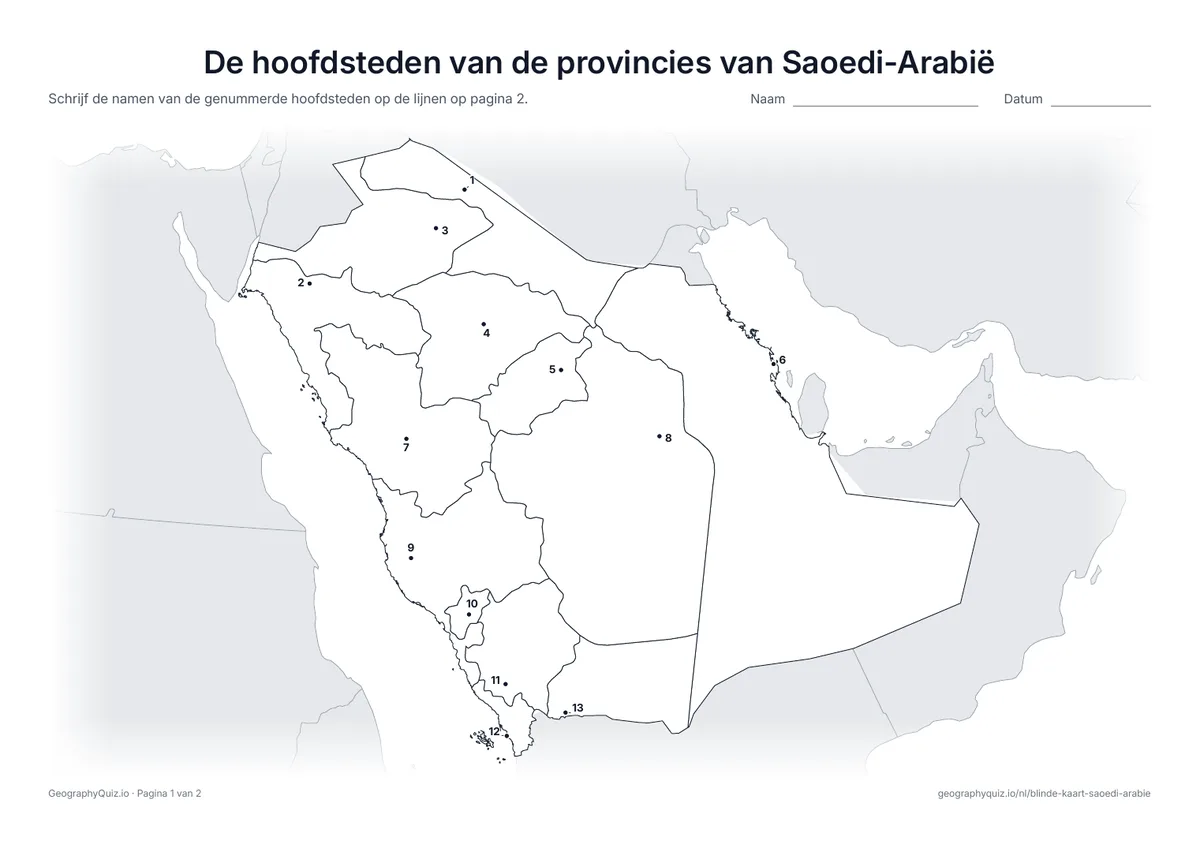 Voorbeeld van het werkblad “De hoofdsteden van de provincies van Saoedi-Arabië”: Elke hoofdstad is een genummerde stip
