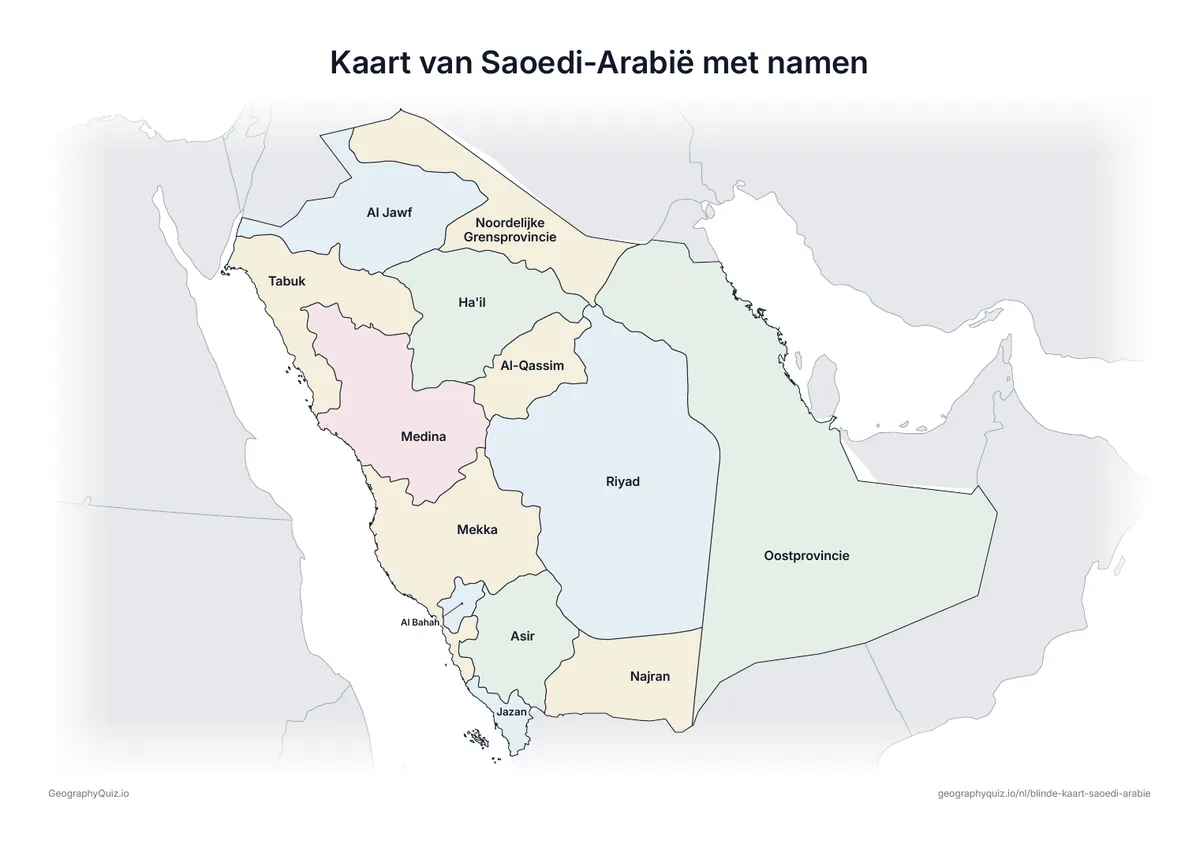 Voorbeeld van het werkblad “Kaart van Saoedi-Arabië met namen”: Kaart van Saoedi-Arabië met alle namen: een voorbeeldkaart voor de les en om de antwoorden na te kijken
