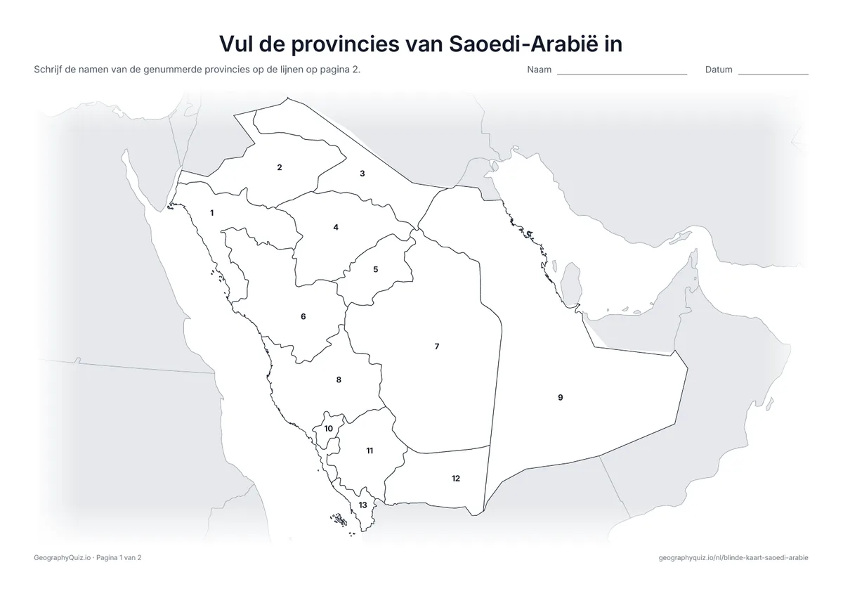 Voorbeeld van het werkblad “Vul de provincies van Saoedi-Arabië in”: Kaart met de nummers van de 13 provincies