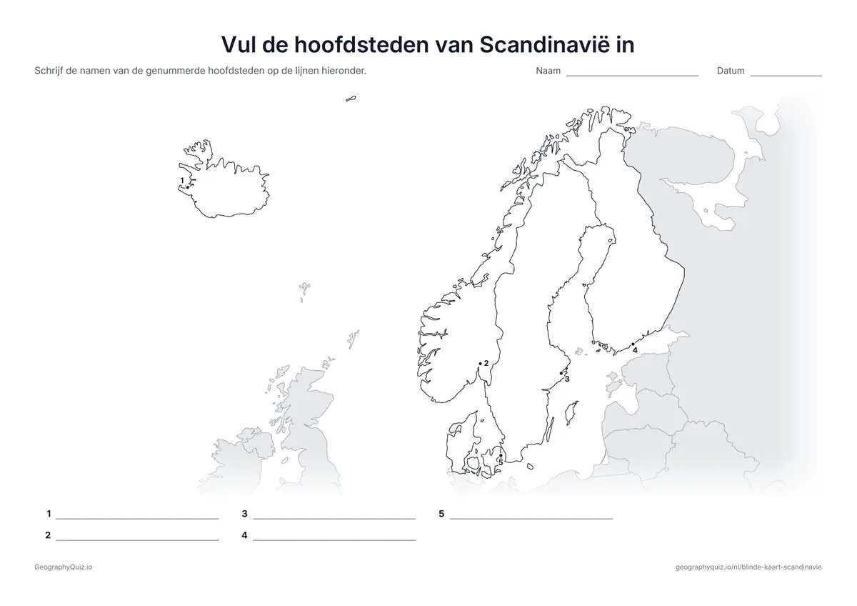 Voorbeeld van het werkblad “Vul de hoofdsteden van Scandinavië in”: Elke hoofdstad is een genummerde stip