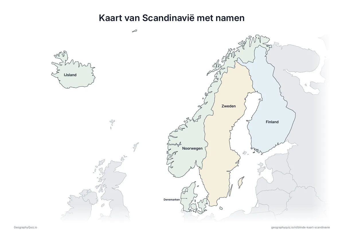 Voorbeeld van het werkblad “Kaart van Scandinavië met namen”: Dezelfde kaart met de namen van alle 5 landen: om te leren, te herhalen of de werkbladen van je leerlingen na te kijken