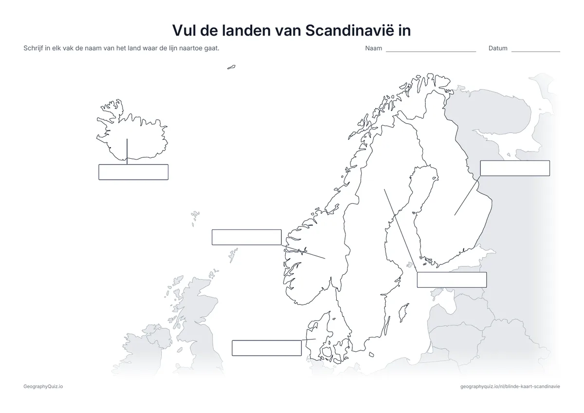 Voorbeeld van het werkblad “Vul de landen van Scandinavië in”: Vanaf elk land loopt een lijn naar een leeg vak voor het antwoord, net als op het werkblad “Vul de werelddelen in” bij de wereldkaart