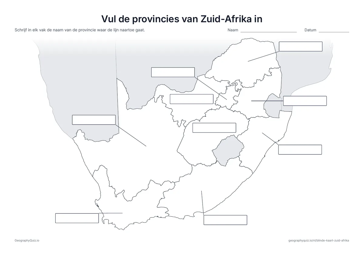 Voorbeeld van het werkblad “Vul de provincies van Zuid-Afrika in”: Vanaf elke provincie loopt een lijn naar een leeg vak voor het antwoord, net als op het werkblad “Vul de werelddelen in” bij de wereldkaart