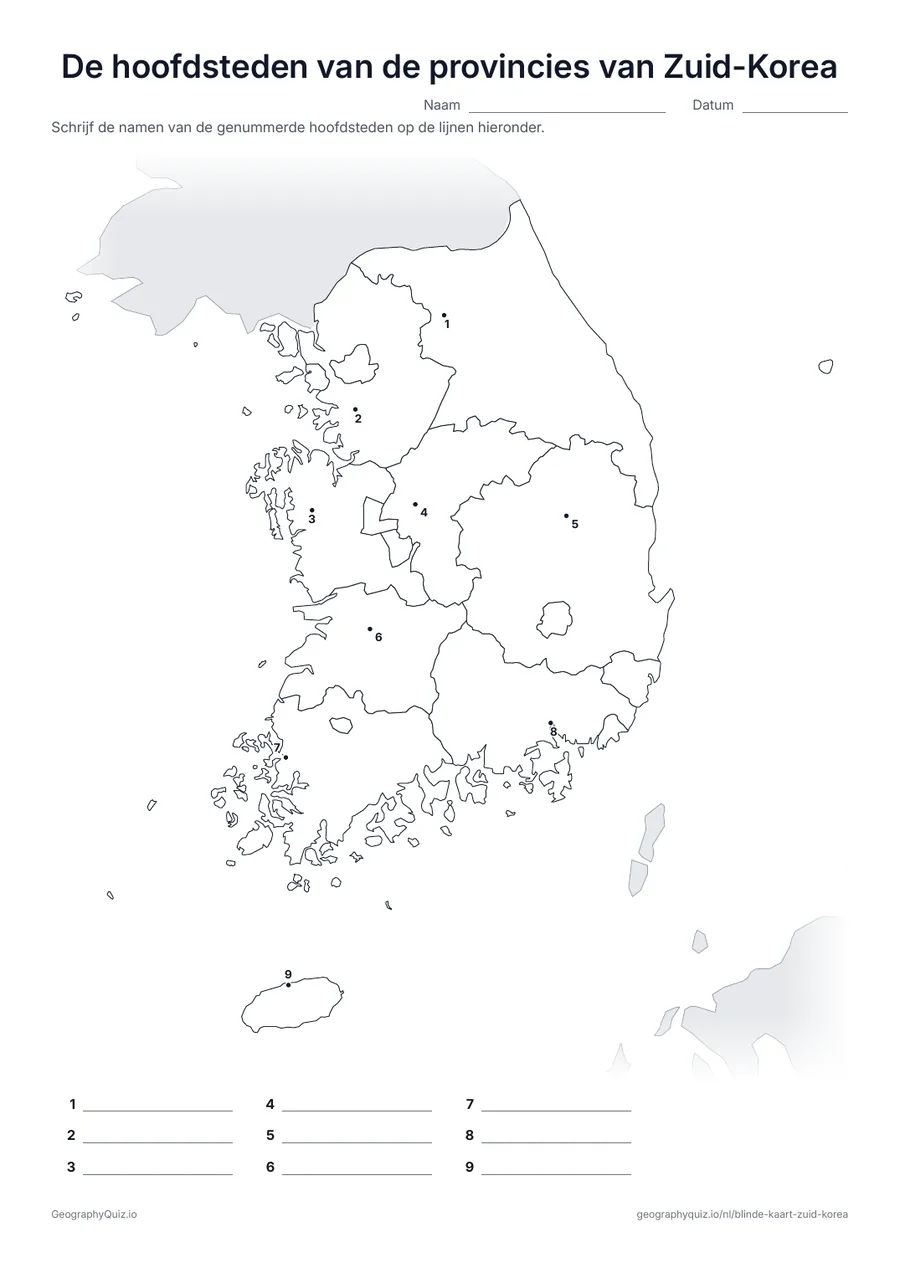 Voorbeeld van het werkblad “De hoofdsteden van de provincies van Zuid-Korea”: De hoofdstad van elk van de 9 provincies is een genummerde stip, van Suwon tot de stad Jeju