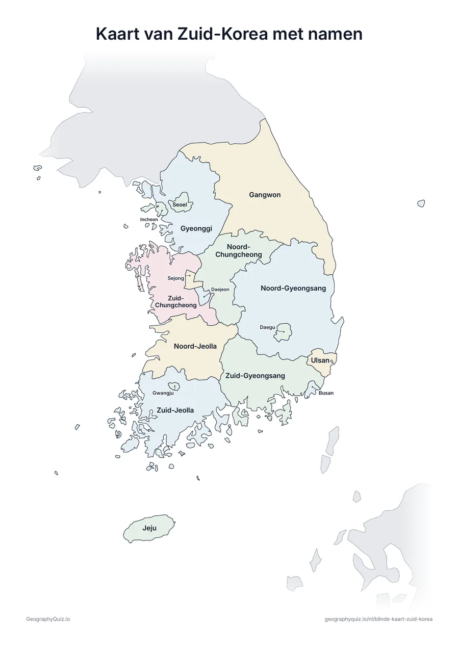 Voorbeeld van het werkblad “Kaart van Zuid-Korea met namen”: Kaart van Zuid-Korea met alle namen: een voorbeeldkaart voor de les en om de antwoorden na te kijken