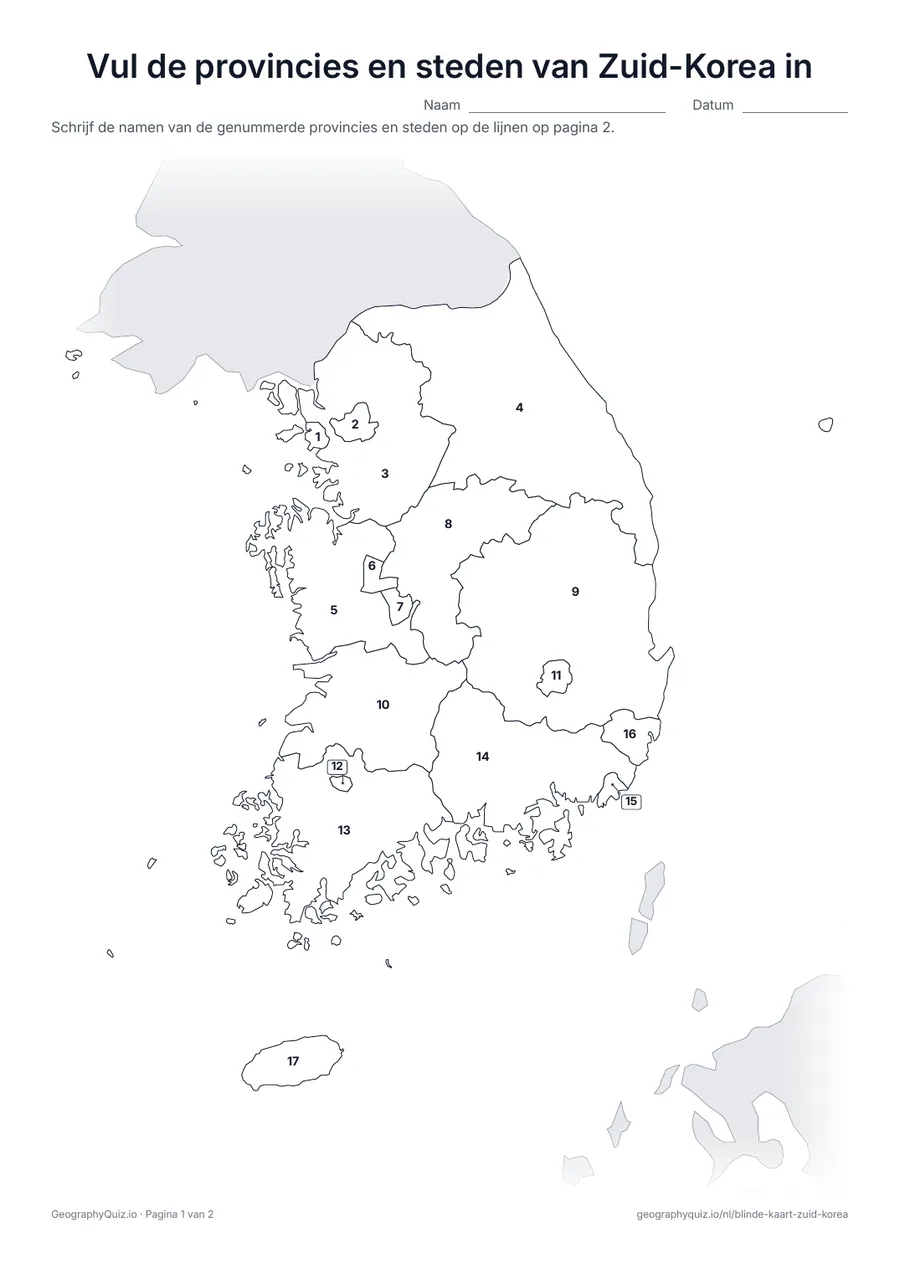Voorbeeld van het werkblad “Vul de provincies en steden van Zuid-Korea in”: Kaart met de nummers van de 9 provincies en 8 steden