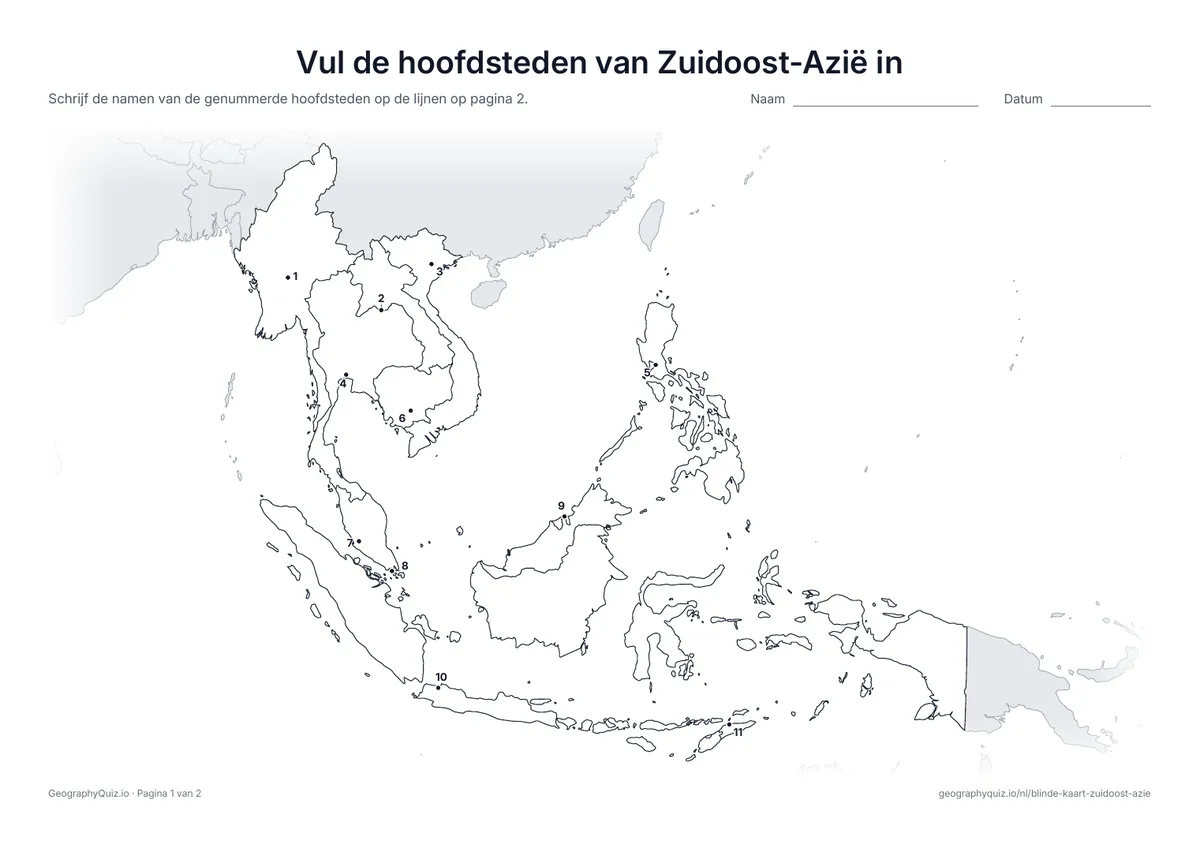 Voorbeeld van het werkblad “Vul de hoofdsteden van Zuidoost-Azië in”: Elke hoofdstad is een genummerde stip