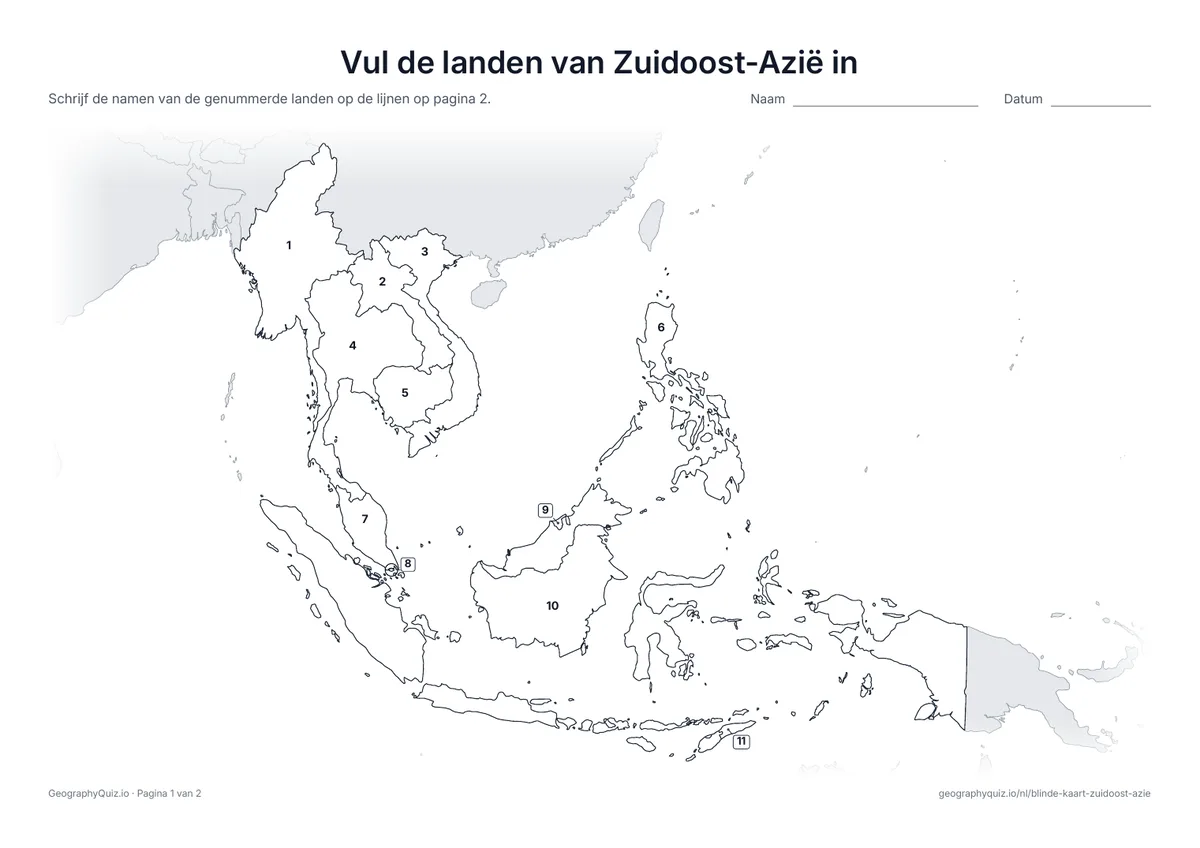 Voorbeeld van het werkblad “Vul de landen van Zuidoost-Azië in”: Kaart met de nummers van alle 11 landen