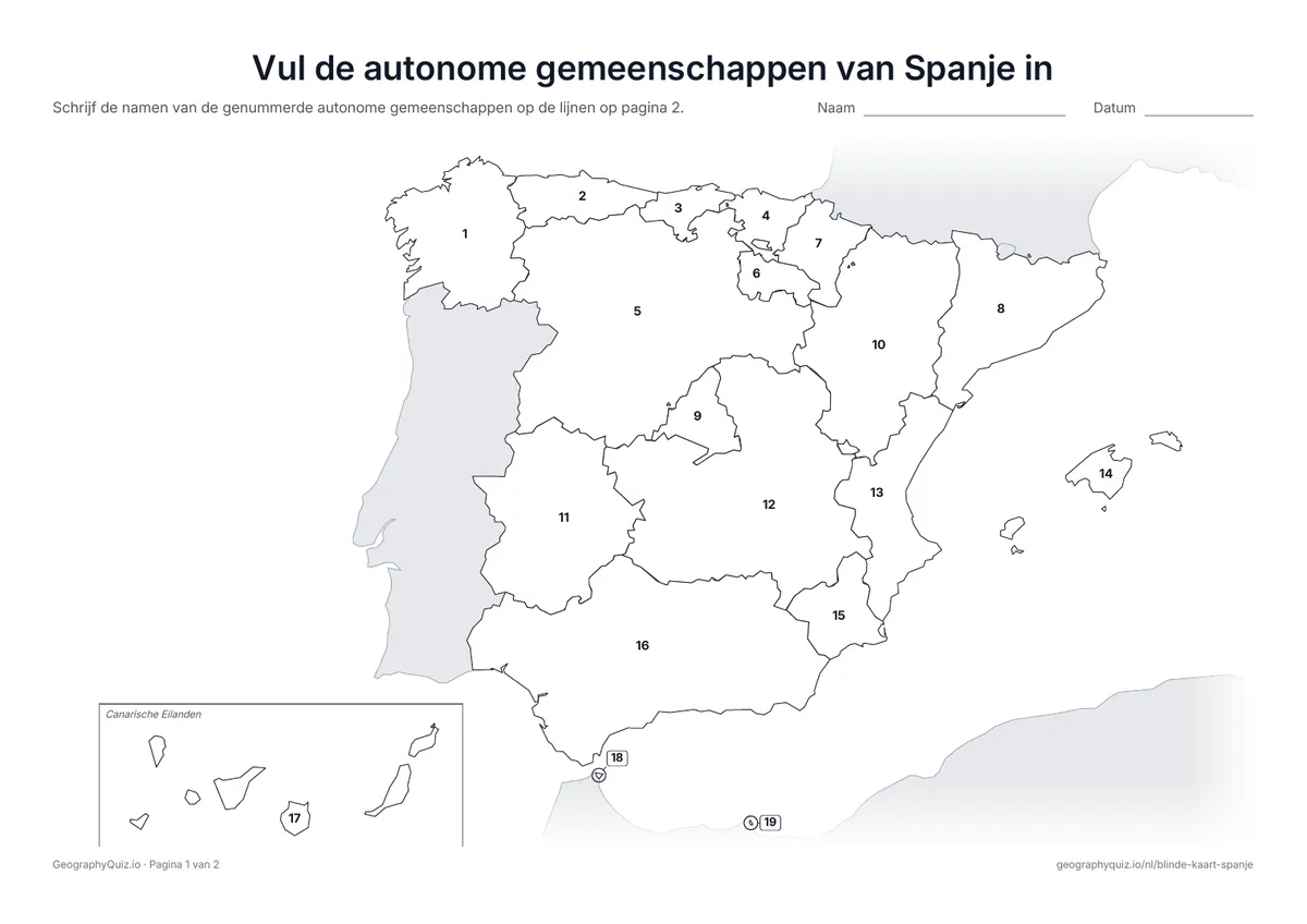 Voorbeeld van het werkblad “Vul de autonome gemeenschappen van Spanje in”: Kaart met de nummers van de 17 autonome gemeenschappen en 2 autonome steden