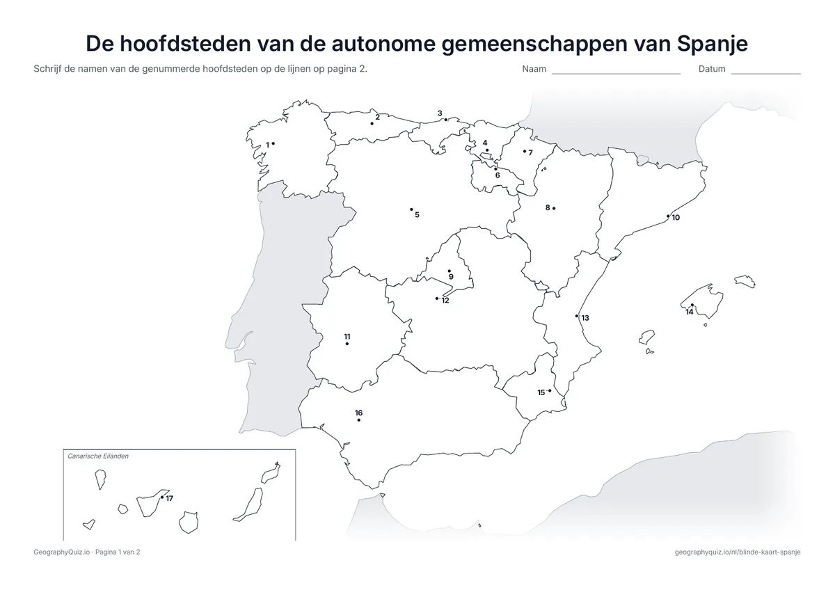 Voorbeeld van het werkblad “De hoofdsteden van de autonome gemeenschappen van Spanje”: De hoofdstad van elke autonome gemeenschap is een genummerde stip