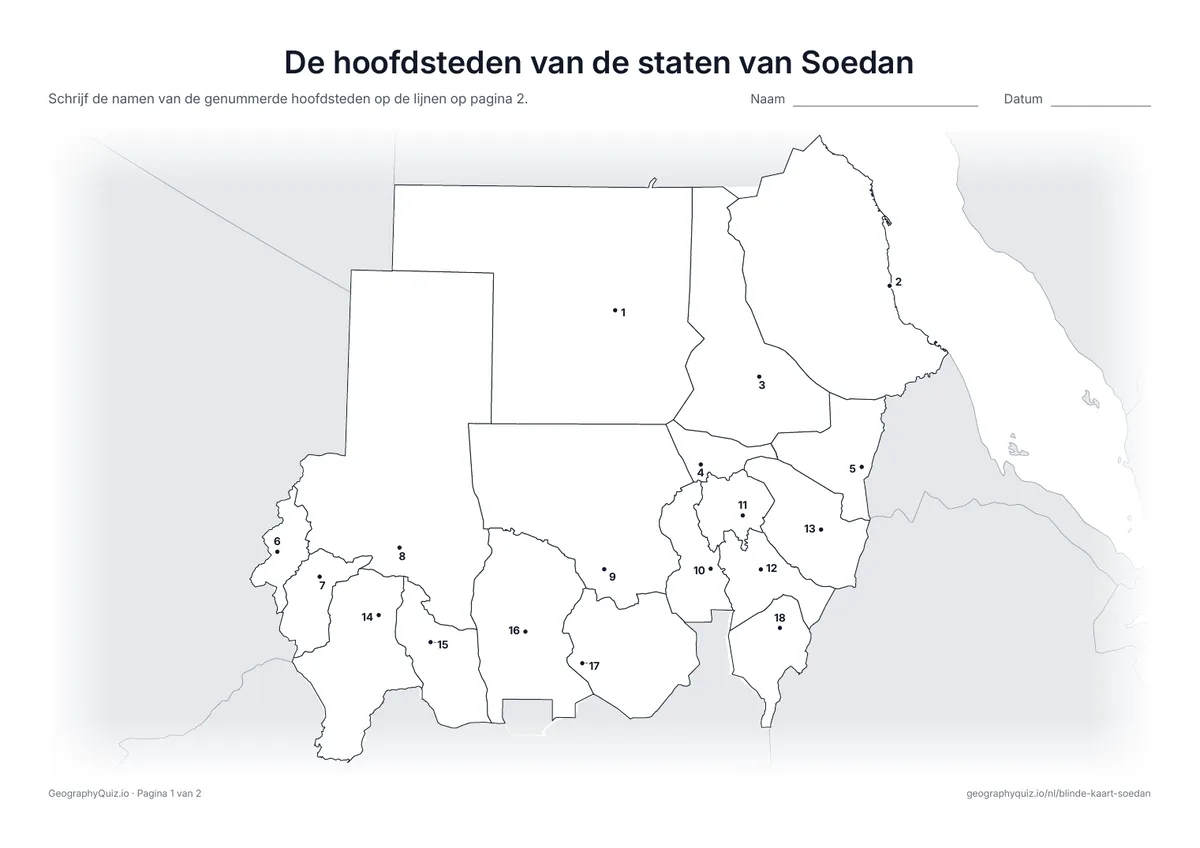 Voorbeeld van het werkblad “De hoofdsteden van de staten van Soedan”: Elke hoofdstad is een genummerde stip