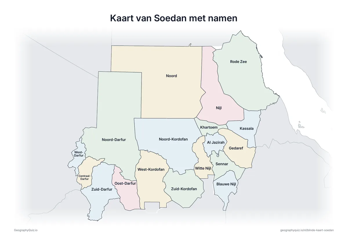 Voorbeeld van het werkblad “Kaart van Soedan met namen”: Kaart van Soedan met alle namen: een voorbeeldkaart voor de les en om de antwoorden na te kijken