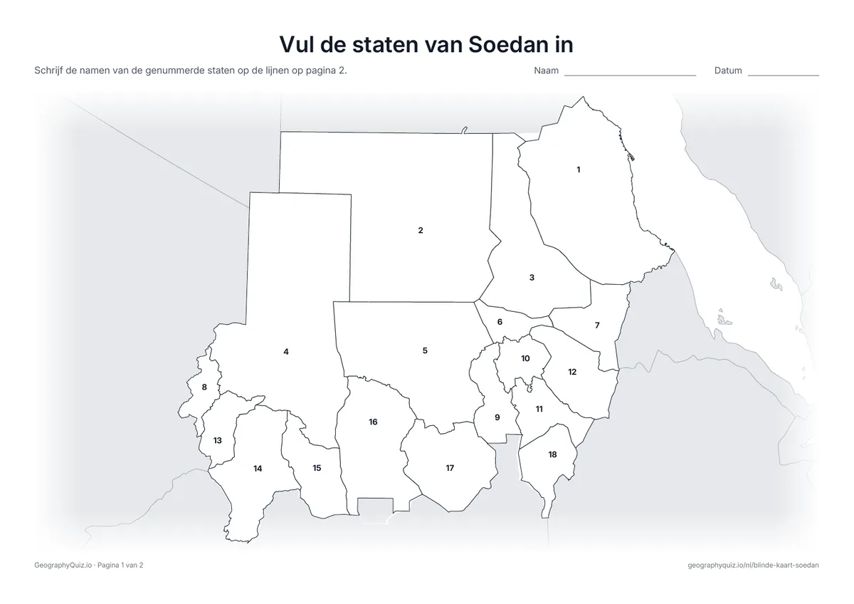 Voorbeeld van het werkblad “Vul de staten van Soedan in”: Kaart met de nummers van de 18 staten