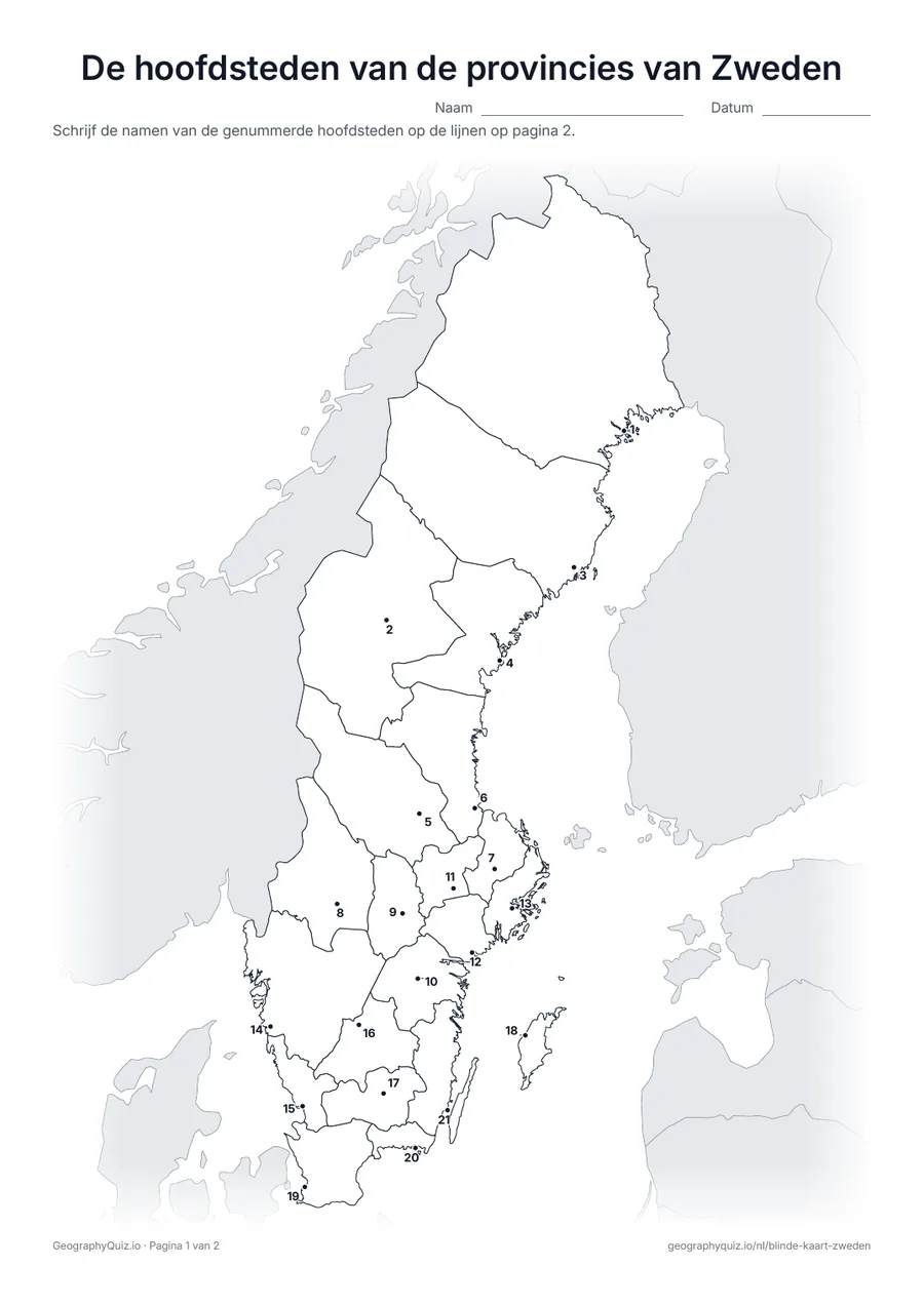 Voorbeeld van het werkblad “De hoofdsteden van de provincies van Zweden”: De hoofdstad van elke provincie is een genummerde stip