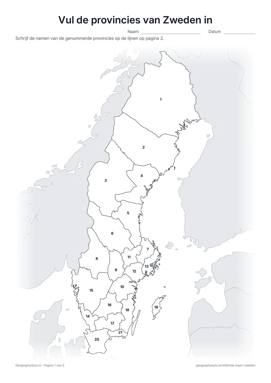 Voorbeeld van het werkblad “Vul de provincies van Zweden in”: Kaart met de nummers van de 21 provincies (län)